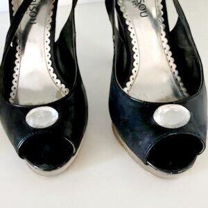 Black Patent Leather Slingback 4.5" Heel with Rhinestones
